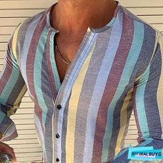 Spring/Summer Men Fashion Colorful Stripe Slim Fit Shirts | BestDealBuys Multicolor V-neck Shirt For Summer, Summer Cotton V-neck Shirt, Multicolor V-neck Summer Shirt, Multicolor V-neck Shirt For Beach, Cotton V-neck Shirt For Summer, Cotton V-neck Summer Shirt, Striped V-neck Shirt For Summer, Green Shirt With Casual Collar For Summer, Green Casual Collar Shirt For Summer