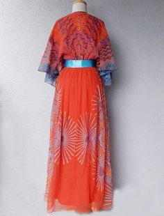 1978 Zandra Rhodes Mexican Collection Maxi dress with belt 3 Maxi Dress With Belt, Belt Pattern, Zandra Rhodes, Boho Gown, Silk Evening Gown, Bias Cut Dress, Unisex Clothes, 1980s Dresses, Clothing And Textile