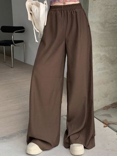 Women Casual Solid Color Elastic Waist Wide Leg Autumn Pants Chocolate Brown Casual   Woven Fabric Colorblock,Plain,Striped Wide Leg Non-Stretch  Women Clothing, size features are:Bust: ,Length: ,Sleeve Length: Comfy Work Pants, Chocolate Brown Pants Outfit, Closet Revamp, Magazine Editor, Brown Dress Pants, Fall Pants, Fall Fit, Up Costumes, Brown Pants