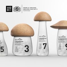 three bottles with mushrooms in them and the number seven on each bottle is labeled'world brand design society '