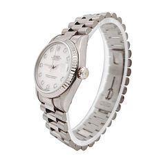 Women's Midsize Rolex 31mm DateJust 18K White Gold Watch with Pink Diamond Dial and Fluted Bezel. Pre-Owned SN# N11**** Brand: Rolex. Gender: Ladies. Dial Color: Pink. Crystal: Sapphire. Dial: Diamond Dial. Model Number: 68279. Bracelet / Strap: Jubilee. Metal Type: 18K White Gold. Case Dimensions: Midsize 31mm. Movement: Self-Winding (Automatic). Box / Certificate: Rolex Box / Certificate of Authenticity. Service Warranty: One (1) Year Limited Service Warranty. Rolex 31mm Datejust, White Gold Watch, Gold Case, Pink Diamond, Pink Crystal, Gold Watch, Types Of Metal, Rolex, 1 Year