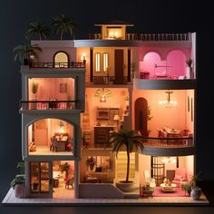 a doll house is lit up at night