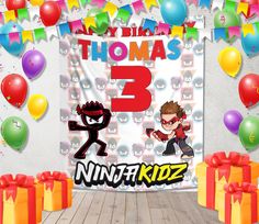 a birthday banner with two cartoon characters on it and balloons in the background that read, happy birthday thomas 3 ninja koiz