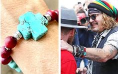 two pictures one with a man wearing a hat and the other with a bracelet that has a turquoise cross on it