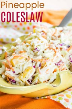 hawaiian pineapple coleslaw in a yellow bowl on an orange cloth with a spoon