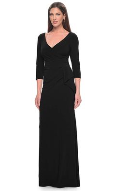 La Femme 30967 - Quarter Sleeve Jersey Evening Dress Elegant Formal Gown With Ruched Bodice, Fitted Long Sleeve Pre-draped Evening Dress, Classic Fitted Evening Gown, Fitted Pre-draped Gown For Dinner, Elegant Fitted Gown With Flattering Silhouette, Fitted Floor-length Elastane Dress, Formal Fitted Gown With Ruched Bodice, Fitted Pre-draped Evening Dress With Pleated Bodice, Fitted Gown With Pleated Bodice For Formal Occasions