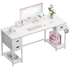 a computer desk with drawers and a monitor