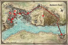 the map for baldur's gate, with red dots pointing to different locations