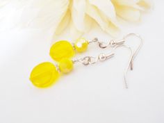 Sunshine Yellow Crystal Earrings, Bright Yellow Czech Glass Jewelry, Neon Yellow Earrings, Yellow and Silver Beaded Jewelry Yellow Jewelry With Ear Wire For Party, Party Jewelry With Yellow Ear Wire, Yellow Crystal Earrings As A Gift, Faceted Crystal Drop Earrings For Wedding, Elegant Yellow Beaded Earrings For Gift, Wedding Crystal Earrings With Faceted Beads, Yellow Round Bead Earrings For Party, Yellow Ear Wire Earrings For Wedding, Yellow Earrings With Ear Wire For Wedding