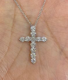 "Beautiful Diamond Cross Pendant White Gold. The diamonds are white and very sparkling. Each diamond is a good size. Excellent craftsmanship, all you see are diamonds showing not too much metal. Lays nicely on won't flip around. All Diamonds are set very smooth. The chain slides through the back for a clean look. The cross measures 35 x 27mm. This is one you will keep for many years to come. Special price. Clean diamonds no black carbon spots even when viewed under a magnifying glass. 18\" white Cross Neckless, Big Cross Necklace, Silver Diamond Cross Necklace, Thigh Jewelry, Diamond Cross Necklace, Diamond Cross Necklaces, Big Diamond, Dope Jewelry, Necklace Diamond