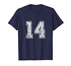 PRICES MAY VARY. Is fourteen your lucky number? Whether your team or favorite player's number is 14 or you know someone celebrating a fourteenth (14th) birthday, this vintage number 14 t-shirt sports design makes a great gift tee for any occasion. Please Order Your Number 14 T-Shirt a Size Up if You Prefer a More Relaxed Feeling Tee. Lightweight, Classic fit, Double-needle sleeve and bottom hem Sports Fan T-shirt With Number Print And Crew Neck, Number Top, Number Graphic, Dark Blue Shirt, Vintage Numbers, Number Shirt, Dark Outfits, 14th Birthday, Concert Fits