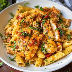 a white plate topped with pasta covered in sauce and chicken breast pieces, garnished with parsley