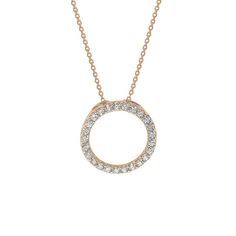 An open circle pendant displays round-cut diamonds on 14 karat rose gold setting, on this stunning necklace. This gorgeous circle pendant has 25 white round cut diamonds totalling .50 cttw. The necklace is 18 mm in size, perfect to wear alone or to stack with other Suzy Levian diamond pieces. Each pendant includes 14K rose gold necklace chain, that has a white gold SL Logo on the clasp to secure to closure. A high polish finish completes the look. This pendant is designed by Suzy Levian with a m Sl Logo, Gold Necklace Chain, Rose Gold Chain Necklace, Diamond Circle Pendant, Gemstone Brooch, 14k Yellow Gold Necklace, Cubic Zirconia Jewelry, Circle Diamond, Yellow Gold Setting