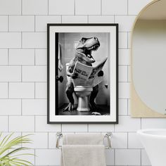 a bathroom with a dinosaur reading a newspaper on the toilet and a mirror above it