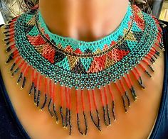 "♥️Two words: HUBBA HUBBA. If you're looking for just the right piece to spruce up your holiday outfit, look no further! You will set yourself apart when you go out on the town and wear this beauty! It is truly breathtaking! This red, turquoise blue, coral and gold seed bead bib collar can be very festive or great for attending the rodeo, festivals, parties and Christmas dinners♥️ Vintage Red & Turquoise Blue Coral Gold Color Seed Bead Bib Southwestern Collar ♥️Beautiful Southwestern Vibe♥️ ♥️Pe Cactus Fashion, Chandelier Necklace, Christmas Dinners, Simple Satin, Bead Fringe, Hubba Hubba, Bib Collar, Boho Hippie Chic, Blue Coral