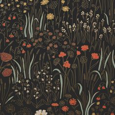 an illustration of flowers and grass on a black background