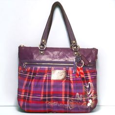 Coach Poppy Purple Tartan Plaid Tote From Grafitti Series Shimmery Pink/Purple Plaid Pattern Bag Has Four Hangtags Approx 17"13"4"D Approx 8" Handle Drop Top Zip Closure Interior Slip And Zip Closure Pockets Exterior Zip Pocket Silver Tone Hardware Patent Leather Trim Satin Interior Style No. 15886 Bag Is In Excellent Used Condition With Clean, Undamaged Interior And Exterior. Hangtags Are All Present And Are Undamaged. Bag Size Is Perfect To Carry A Laptop. Coach Rectangular Purple Shoulder Bag, Coach Purple Tote Bag, Bags Y2k, Purple Satchel Tote With Zipper Closure, Purple Tartan, Coach Pink Bags With Silver-tone Hardware, Grey Tote Bags, Red Tote Shoulder Bag With Silver-tone Hardware, Plaid Tote