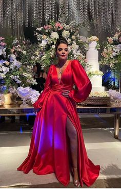 Elegant Gowns Evening,Long Sleeve Split Formal Dresses – jkprom Elegant Gowns Evening, Prom Red Carpet, Satin Gowns, Satin Formal Dress, Elegant Gowns, Gorgeous Maxi Dresses, Designer Evening Gowns, Elegant Prom Dresses, Red Evening Dress