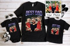 "Featuring the words \"Best Dad Ever\" in bold lettering, along with a custom photo of your choice, this shirt is a stylish and meaningful way to show your love and appreciation for your dad. It's perfect for any occasion, whether you're celebrating Father's Day or just want to surprise your dad with a special gift. -----Ordering is easy----- 1. Select the size and color of the shirt. 2. Upload and send us the image you want to print on the shirt through messaging seller button. 3. FINALLY, We w Custom Print Tops For Father's Day Fan Merchandise, Father's Day Fan Merchandise Tops With Custom Print, Black Custom Print Shirt For Father's Day, Custom Print Black Shirt For Father's Day, Black Shirt With Custom Print For Father's Day, Best Dad Ever Shirt, Bold Lettering, Birthday Tee, Best Dad Ever