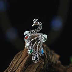 925 Sterling Silver Natural Agate Garnet Ruby Ring – ANIMALS FRIENDS Tiffany Bracelet Silver, Peacock Ring, Style Steampunk, Silver Rings With Stones, Silver Jewellery Indian, Chalcedony Ring, Silver Toe Rings, Fine Silver Jewelry, Silver Jewelry Design