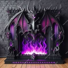 a fireplace with purple flames on it and a dragon statue next to it in front of a brick wall