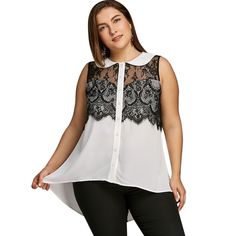 Plus Size Peter Pan Collar Sleeveless High Low Blouse - White And Black - 3O56800014 - Women's Clothing, Plus Size Women's Clothing  #PlusSizeWomensClothing #Women's #Clothing # #Plus #Size #Women's #Clothing Long Blouses, Women Tops Online, Peter Pan Collar Dress, High Low Blouse, Ladies Tops, Trendy Plus Size Clothing, Plus Size Womens Clothing, Pan Collar, Plus Size Blouses