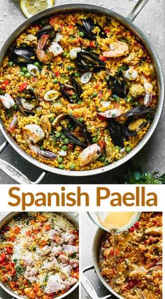 spanish paella with seafood and rice in a pan