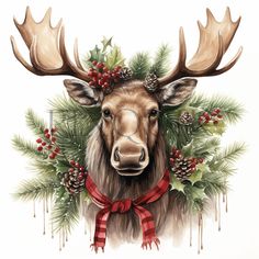 a moose with antlers and pine cones on its head