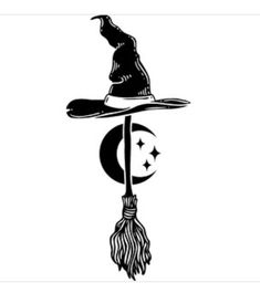 a black and white image of a witch hat on top of a broom with the moon behind it