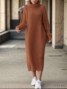 Lasaky - Long-Sleeved Knitted Turtleneck Sweater Dress for Winter, Loose Fit, Knee-Length, Perfect for Casual, Layered or Standalone Sweater Dress Outfit Boots, Dress For Winter, Knitted Sweater Dress, Knitted Turtleneck, Fall Sweater Dress, Winter Turtleneck, Woolen Dresses, Winter Wardrobe Essentials, Sweater Dress Outfit