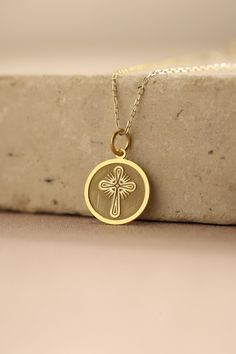 Gold Cross Pendant - Cross Gold Necklace ● Material of pendant: Solid Gold 14k ( REAL GOLD ) ● Metal Stamp: 14k ( REAL GOLD ) ● The pendant is available in 5 sizes: - 12,7 mm / 0.5 inches (Diameter) - 14,0 mm / 0,55 inches ( Diameter ) In the photos - 15,3 mm / 0.6 inches ( Diameter ) - 16,5 mm / 0,65 inches ( Diameter ) - 19,1 mm / 0,75 inches ( Diameter ) ( In the photos the size is 14mm / 0.55 inches Diameter ) ( Jump Ring inner diameter: 4 mm ) ● Material of chain: Solid gold 14k ( REAL GOLD Gold Sterling Silver Custom Necklace With Charms, Spiritual Yellow Gold-plated Charm Necklaces, Spiritual Yellow Gold Plated Charm Necklaces, Spiritual Yellow Gold Tarnish-resistant Necklace, Symbolic Gold Medallion Charm Necklace, Spiritual Yellow Gold Medallion Charm Necklace, Gold Sterling Silver Medallion Charm Necklace, Gold Medallion Charm Necklace In Sterling Silver, Gold Sterling Silver Pendant Charm Necklace