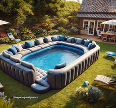 a large inflatable pool with lounge chairs around it