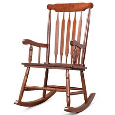 a wooden rocking chair with wood slats