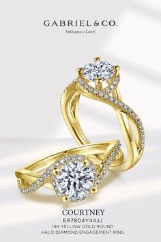 two gold engagement rings with diamonds on the sides and an inscription that reads, coutney