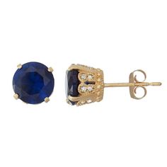 These beautiful 10k gold stud earrings feature lab-created sapphire and diamond gemstones for a dazzling look that's perfect for any occasion. These beautiful 10k gold stud earrings feature lab-created sapphire and diamond gemstones for a dazzling look that's perfect for any occasion. Metal: 10k gold Backings: post Packaging: boxed Finish: polished Diameter: 7 mmSTONE DETAILS Stone type: lab-created sapphire Total weight: 2 1/2 ct. Center stone weight: 2 1/3 ct. Center stone size: 7 mm Shape: ro Fine Jewelry Gold Ring With Lab-created Sapphire, Gold Jewelry With Lab-created Sapphire For Anniversary, Lab-created Sapphire Jewelry In Prong Setting, Gold Jewelry With Lab-created Sapphire Birthstone, Gold Birthstone Jewelry With Lab-created Sapphire, Yellow Gold Lab-created Sapphire Jewelry Gift, Gold Jewelry With Round-cut Lab-created Sapphire, Gold Jewelry With Round Cut Lab-created Sapphire, 14k Gold Sapphire Jewelry With Prong Setting