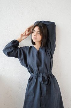 Midi linen dress / Long sleeve dress / V-neck dress / Midnight blue dress / Woman's dress / Linen clothing / Сomfortable dress Spring V-neck Tunic For Loungewear, Linen V-neck Tunic For Daywear, Relaxed Fit V-neck Tunic For Fall, Summer V-neck Long Sleeve Dress For Daywear, Relaxed Fit V-neck Midi Dress, Blue Long Sleeve V-neck Dress For Spring, Blue Long Sleeve V-neck Dress For Fall, Blue V-neck Dress For Daywear, Long Sleeve Cotton Sleep Dress