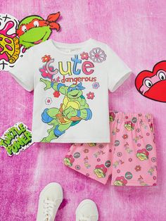 Young Girl Cartoon And Letter Graphic Top And Shorts PJ Set Pink Cute    Animal,Cartoon,Letter Short Sets Slight Stretch  Young Girls Clothing, size features are:Bust: ,Length: ,Sleeve Length: Cute Cotton Sets With Character Print, Kawaii Cotton Summer Sets, Pink Cotton Character Print Sets, Pink Cotton Sets With Character Print, Spring Character Print Short Sleeve Sets, Spring Short Sleeve Sets With Character Print, Cute Cartoon Print Short Sleeve Sets, Cute Short Sleeve Sets With Cartoon Print, Cute Character Print Playwear Sets