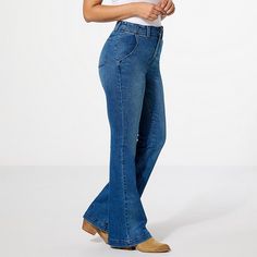 DG2 by Diane Gilman New Classic Stretch Flare Jean  Put your best foot forward in a perfectly flared denim leg. Not as voluminous as the retro 70's mega-flare bell bottoms, but a bit wider than the classic bootcut. They're the perfect balance to a fitted waist and slim-through-the-thigh fit. Your killer curves will thank you. Flared Denim, Retro 70s, Draped Fabric, New Classic, Trouser Jeans, Denim Fashion, Bell Bottoms, Jeans Fit, Flare Jeans