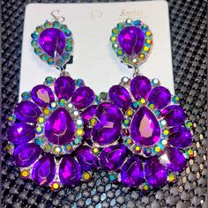 Brand New Glamourous Earrings Full Of Sparkle And Elegant Detail! These Are Showstoppers! High Fashion! Glamorous Purple Drop Earrings, Purple Party Earrings With Sparkling Stones, Purple Sparkling Stones Earrings For Party, Purple Rhinestone Crystal Earrings For Party, Party Purple Crystal Rhinestone Earrings, Purple Rhinestone Earrings For Party, Purple Sparkling Crystal Earrings For Parties, Purple Rhinestone Party Earrings, Purple Crystal Earrings For Party