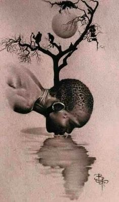 a drawing of a man floating in the water next to a tree