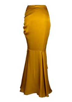 This marigold muse ruched skirt with layered ruffle hem is generously dipped in mustard gold hue. This skirt exudes summer sensuality as the tiers of softly draped satin flow with ease on the body. The playful adjustable drawstring details further accentuate the curves and truly celebrate femininity. Elegant Gold Silk Bottoms, Gold Silk Bottoms For Party, Fitted Party Maxi Skirt With Folds, Fitted Maxi Skirt With Folds For Party, Elegant Lined Gold Skirt, Elegant Ruched Skirt In Solid Color, Elegant Ruched Solid Color Skirt, Elegant Solid Ruched Skirt, Chic Gold Flared Skirt