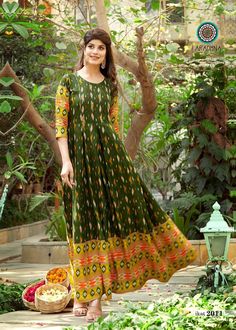 "Soft and comfort Trendy women floor touch gown with comfoet of rayon.  Sizes :- S-34, M-36, L-38, XL-40 and XXL-42 Length - 53\" Sleeve -3/4th sleeve" Traditional Long Festive Maxi Dress, Traditional Long Maxi Dress For Festive Occasion, Traditional Green Festive Maxi Dress, Traditional Green Maxi Dress For Festive Occasions, Festive Full Length Kurta, Full Length Festive Kurta, Floor-length Bandhani Print Kurta For Festive Occasions, Bohemian Maxi Dress For Diwali, Fitted Green Maxi Dress For Festivals