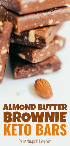 almond butter brownie keto bars stacked on top of each other with text overlay