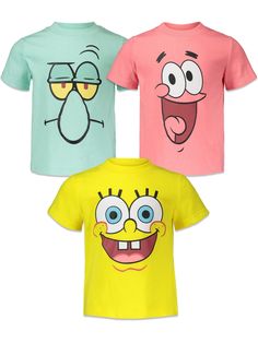 three t - shirts with cartoon faces on them