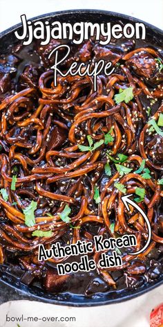 Noodles coated with black beans topped with parsley flakes. With Pinterest overlay. Korean Noodle Recipes, Diced Vegetables, Korean Noodle Dishes, Black Bean Noodles, Easy Korean Recipes, Bean Noodles, Pantry Recipes, Korean Noodles, Weekly Dinner