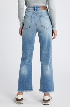 Add a '90s vibe to your denim mix with this roomy pair of stretch-denim jeans styled with a relaxed fit, ripped knees and raw hems for the ultimate throwback look. 28" inseam; 11" front rise Zip fly with button closure Five-pocket style 93% cotton, 5% polyester, 2% spandex Machine wash, tumble dry Imported Everyday Distressed Denim Flare Jeans, Medium Wash Ripped Flare Jeans In Rigid Denim, High Rise Distressed Rigid Denim Jeans, Ripped Flare Jeans In Medium Wash Denim, Relaxed Fit Distressed Medium Wash Flare Jeans, Medium Wash Relaxed Fit Distressed Flare Jeans, Medium Wash Distressed Flare Jeans With Relaxed Fit, Relaxed Fit Distressed Flare Jeans In Medium Wash, Relaxed Fit Denim Flare Jeans With Standard Cut Leg