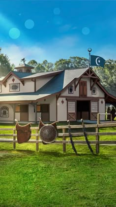 a horse is standing in front of a house with a hammock hanging from it's fence