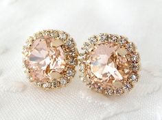 Pink Swarovski stud earrings Bridal earrings by EldorTinaJewelry Elegant Rose Gold Round Cluster Earrings, Elegant Rose Gold Cluster Earrings With Prong Setting, Elegant Jeweled Wedding Earrings, Glamorous Pink Jewelry For Anniversary, Glamorous Crystal Cluster Earrings As A Gift, Glamorous Crystal Cluster Earrings For Gifts, Glamorous Sparkling Earrings As Gift, Blush Jewelry With Prong Setting For Anniversary, Glamorous Sparkling Earrings For Gift