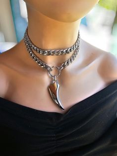 This is an all stainless steel Chunky gothic punk talon layered necklace  with a gorgeous shiny large steel wolf tooth or claw necklace. what a fantastic handmade heavy metal goth, grunge or Punk Style Statement Necklace gift for her!. PLEASE NOTE FOR RETURNS! If I accept returns on your purchase (check when ordering, some items are "no returns") your will receive a refund once I receive the item back, and your refund is MINUS  the original shipping fees, as I have already paid to ship it. So ma Punk Stainless Steel Jewelry For Party, Punk Style Stainless Steel Jewelry For Party, Punk Style Stainless Steel Party Jewelry, Edgy Double Chain Metal Jewelry, Edgy Metal Jewelry With Double Chain, Punk Style Stainless Steel Clavicle Chain Jewelry, Punk Stainless Steel Clavicle Chain Jewelry, Silver Punk Jewelry With Double Chain, Edgy Clavicle Chain Jewelry For Halloween