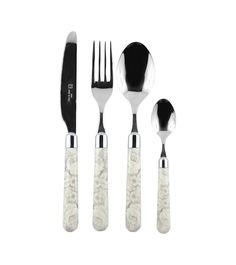 five pieces of silverware with black handles and white marbled design on the sides